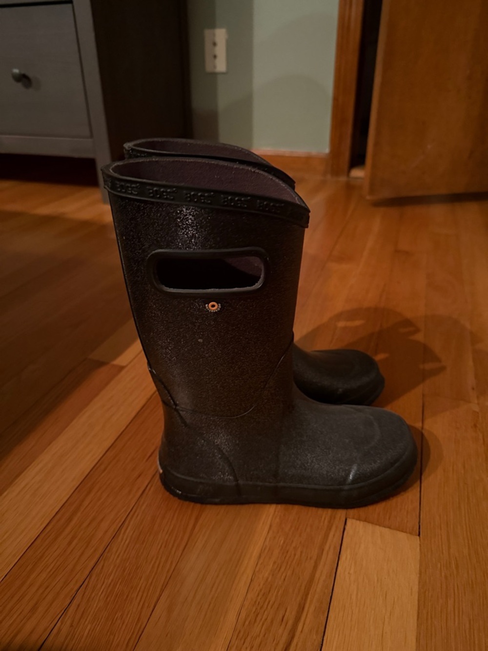 Bogs Black Glitter Kids Rain Boots with Hand Holes